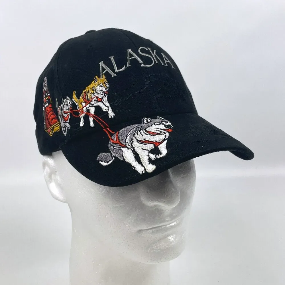 ALASKA Embroidered Husky Sled Dog Team Black Ball Hat Cap Adjustable Iditarod